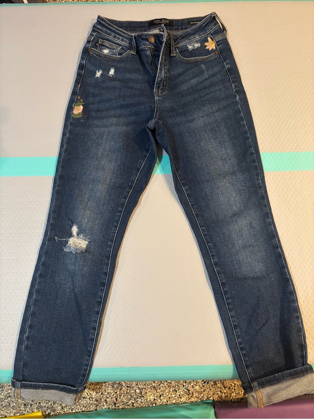 Judy Blue Dark Blue Distressed Boyfriend Jeans with Embroidered Accents